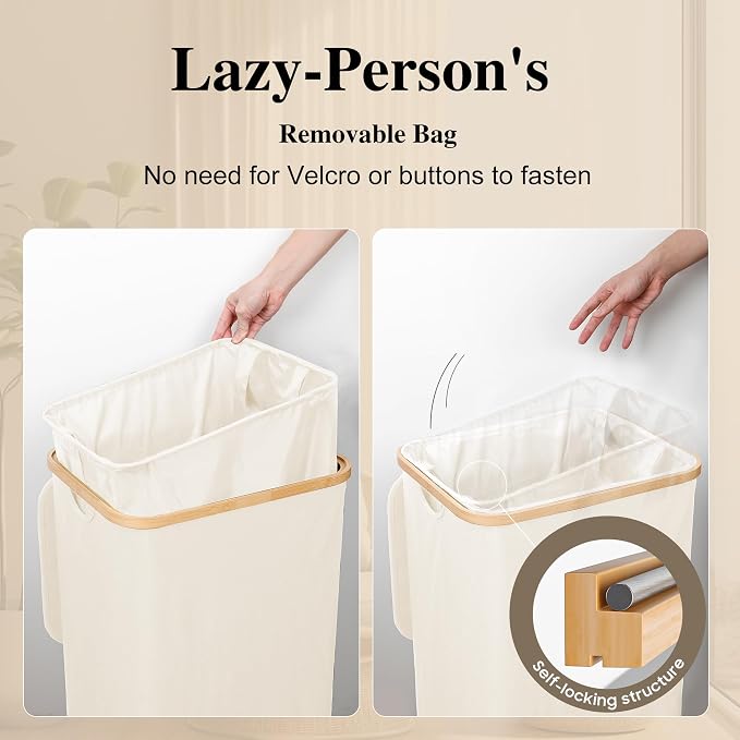 Foluck Large Laundry Hamper, 75L Waterproof Laundry Basket with Lid and Removable Bag, Collapsible Tall Clothes Hamper with Bamboo Handles for Clothes Toys in Dorm Bedroom Bathroom, Beige - Image 3