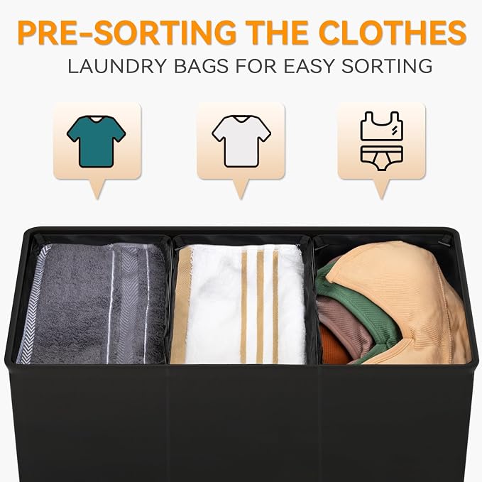 WOWLIVE 180L Laundry Hamper with Lid 3 Section,Large Laundry Basket with Removable Bags and Handles,Collapsible Dirty Clothes Hampers for Laundry,Laundry Basket Organizer for Laundry Room,Dorm,Black - Image 4