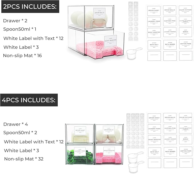4 Pack Laundry Room Organization Storage Drawers with Labels, Clear Stackable Dryer Sheet Holder and Pod Containers, Detergent Dispenser for Laundry Room Organizing and Decor - Image 3