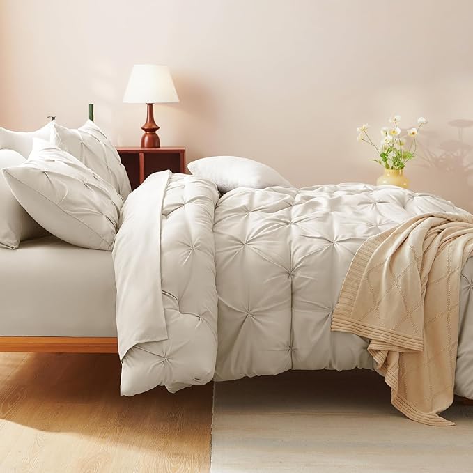 CozyLux Queen Comforter Set Beige, 7 Pieces Pintuck Bed in A Bag, Premium Beige Comforter Queen Size, Pinch Pleat Bedding Sets with Comforter, Sheets, Pillowcases & Shams