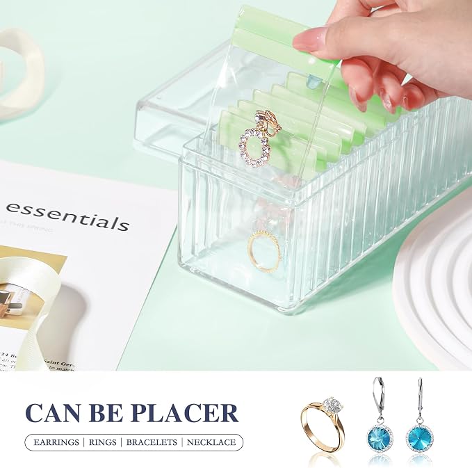 HOMEHIVE Acrylic Jewelry Box Organizer, Clear Jewelry Organizer Holder with 20 Portable Anti Tarnish Jewelry bags, Travel Jewelry Case for Earrings/Rings/Necklaces for Women Girls, Green - Image 3