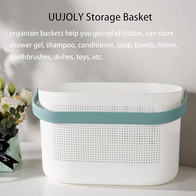 UUJOLY Plastic Storage Baskets with Handles, Shower Caddy Shelf Organizers Basket for Bathroom, Kitchen, Dorm Room, Green - Image 4