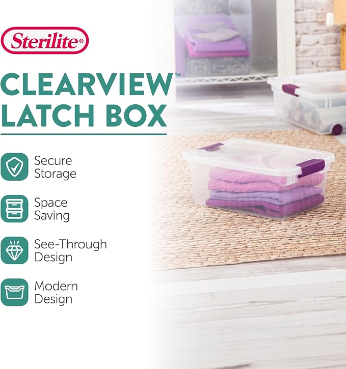 Sterilite 12-Pack ClearView Latch Box, Stackable Organizer Bins with Lids, 15 Quart - Clear Plastic Organization Containers for Closet, Bedroom, Shelving Units and Home or Office Storage - Image 2