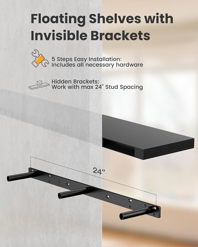AMADA HOMEFURNISHING 47.2" L Floating Shelves, Wall Shelves Set of 3 for Bathroom/Living Room/Bedroom/Kitchen, Black Floating Shelves for Wall Decor with Invisible Brackets - AMFS55B - Image 7