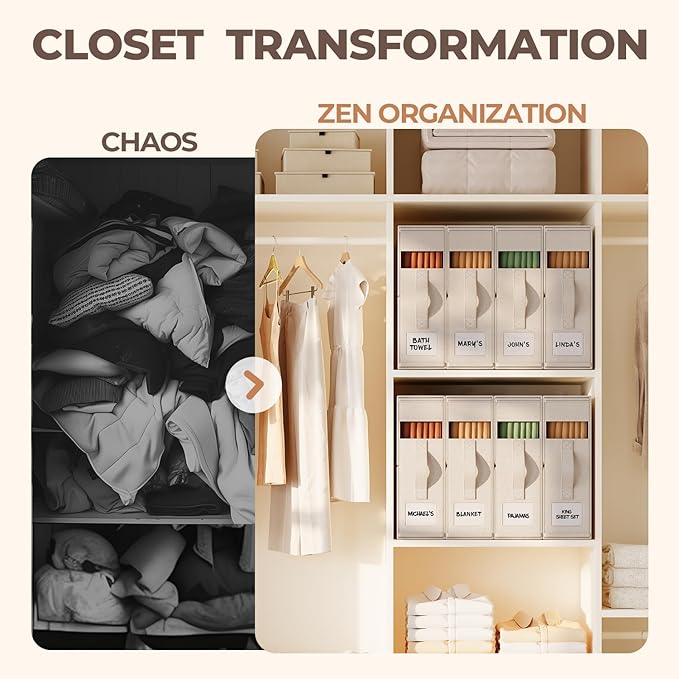 8Pack Linen Sheet Organizers for Linen Closet - King/Queen Size Bedding Storage Boxes with Clear Window | Foldable, Dustproof Sheet Storage Organizer for Blankets & Sheet Sets,Off-white - Image 4