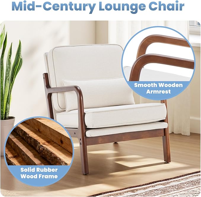 DUMOS Accent Chairs Set of 2,Mid Century Modern Chair with Arms and Waist Cushion, Reading Chairs for Adults, Lounge Chair for Living Room and Bedroom, Solid Wooden Frame, Cream