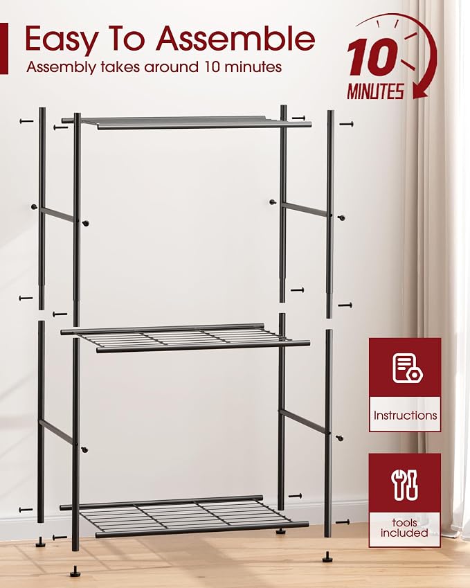 Sakugi 3-Tier Metal Storage Shelves - Space-Saving Shelf Organizer for Small Spaces, Compact Shelving Unit with Adjustable Feet for Kitchen, Garage, Laundry Room (17.7" x 12.5" x 30.1", Black) - Image 8