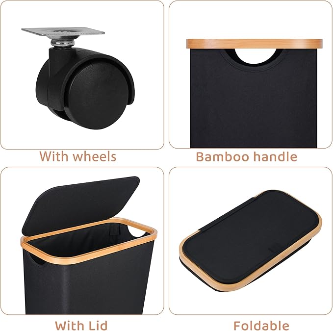 Slim Laundry Basket with Wheels,Narrow Hampers for Laundry,Freestanding Laundry Hamper with Lid&Bamboo Handles,Collapsible & Waterproof Tall Cloth Hamper for Dorm Family(60L Black) - Image 4