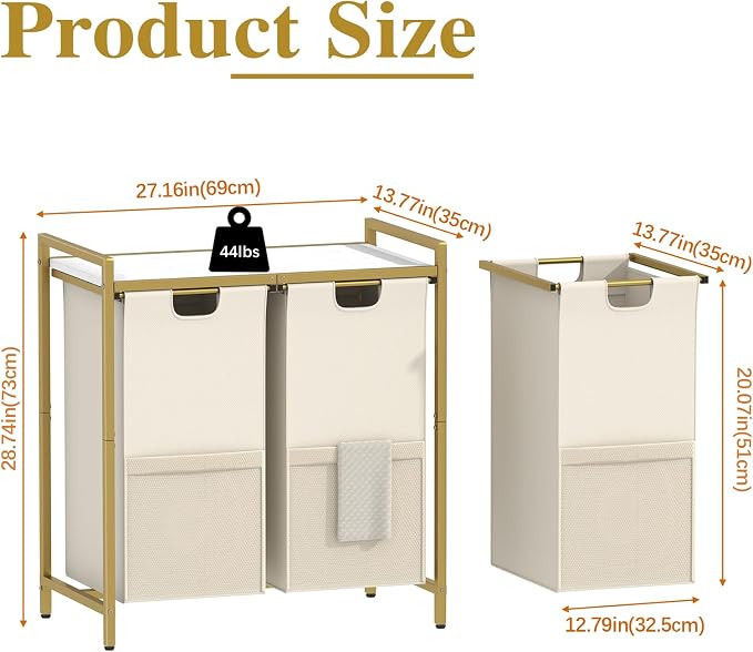 Huhote Laundry Hamper, double Laundry Basket, Laundry Sorter with Top Shelf & 2 Removable Washable Bags & Side Pockets for Laundry Room organization, Bathroom and Dorm, Gold and White - Image 2
