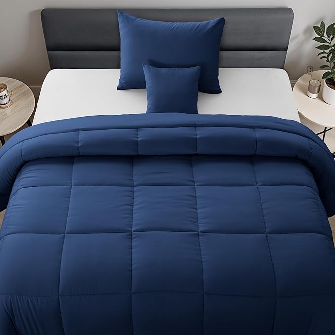 LUX Décor 4pc Twin Comforter Set, All-in-One Bed in a Bag, Includes 1 Comforter, 1 Pillow Shams, 1 Decorative Pillow & 1 Bed Skirt (Navy Blue, Twin)