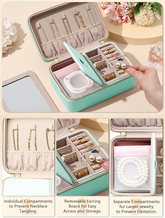 Velvet Travel Jewelry Box with Large Mirror, Double-Layer Jewelry Organizer Case for Women and Girls, Portable Storage Case with 6 Anti-Tarnish Bags Gift Ready for Her (Mint Green) - Image 3