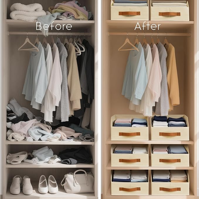 Homsorout Fabric Storage Bins for Organizing - 12 Pack Large Trapezoid Collapsible Storage Bins with Front Handle, Closet Organizers and Storage for Bedroom, Home Shelves, Small Spaces, Beige - Image 7