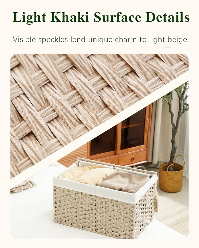 SETVSON Storage Basket with Lid Rattan Woven Storage Baskets with 2 Separate Lids, 17.2 Gallon (65 L) Wicker Storage Bins Foldable 2 Removable Liner Bags Handles for Bedroom, Laundry Room Light Khaki - Image 3