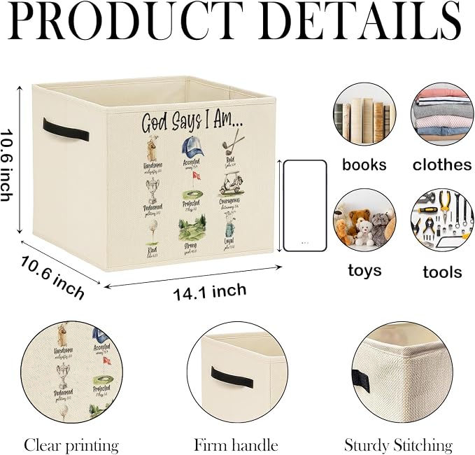 Christian Golf Storage Bin Box with Handles, God Says I Am Bible Verse Golf Foldable Baskets Organizer for Kids Room Nursery Bedroom Bathroom Clothes Toys Books, Toybox for Boys - Image 2