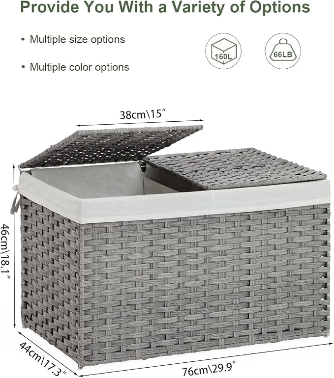 SETVSON Storage Basket with Lid Wicker Baskets for Storage with 2 Separate Lid 42.3 Gallon (160 L) 29.9 x 17.3 x 18.1 Inches Rattan Woven Large Wicker Basket with 2 Liners for Bedroom Laundry Gray - Image 4
