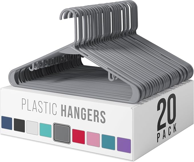 Plastic Hangers 20 Pack Grey - Clothes Hangers - Makes The Perfect Coat Hanger and General Space Saving Hangers for Closet and New Apartment Essentials - Percheros Ganchos para Colgar Ropa Hangars by Neaterize