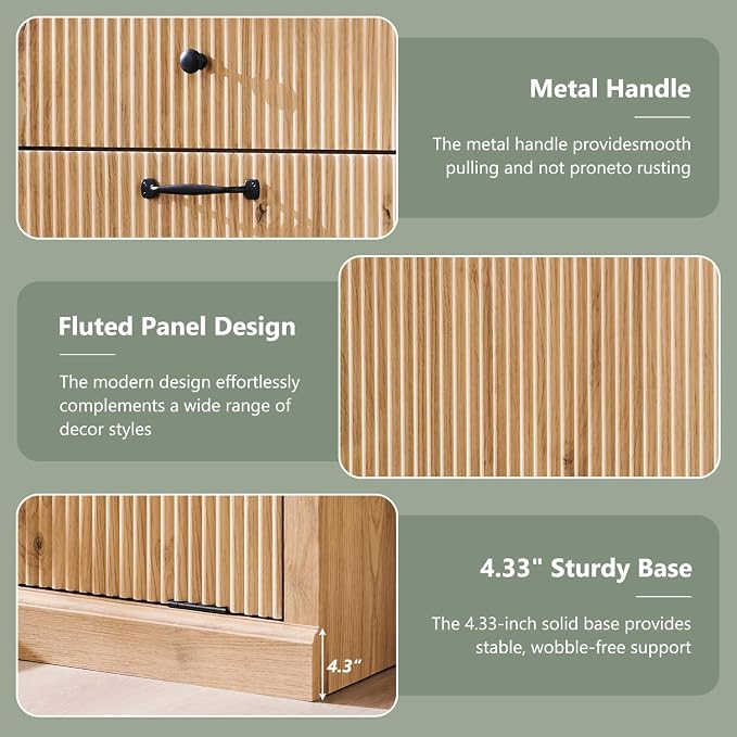 IFBUY Modern Double Tilt-Out Laundry Hamper Cabinet, 20 Gallon Fluted Trash Can Cabinet with 2 Drawers, Wooden Hidden Garbage Can Cabinets with Laundry Basket, for Bathroom and Kitchen, Natural Oak - Image 5