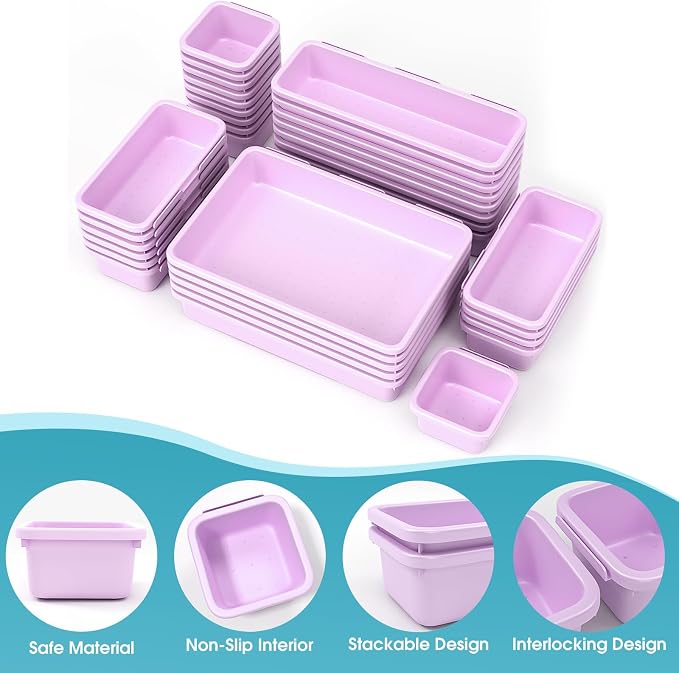 33 PCS Drawer Organizer Set, 4 Size Makeup Drawer Divider Organizer With Non-Slip Pads, Interlocking Plastic Storage Bins for Office,Jewelry Vanity,Gadgets, Bathroom,Kitchen, Purple - Image 3