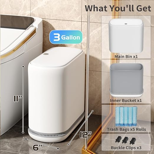 Small Bathroom Trash Can with Lid, 3 Gallon Slim Garbage Bin with Pop-Up Lid & Air-Pressure Bag Lock, Mini Waste Basket for Bathroom, Bedroom, Kitchen, Office, Rv, White - Includes 75 Bags (5 Rolls) - Image 5