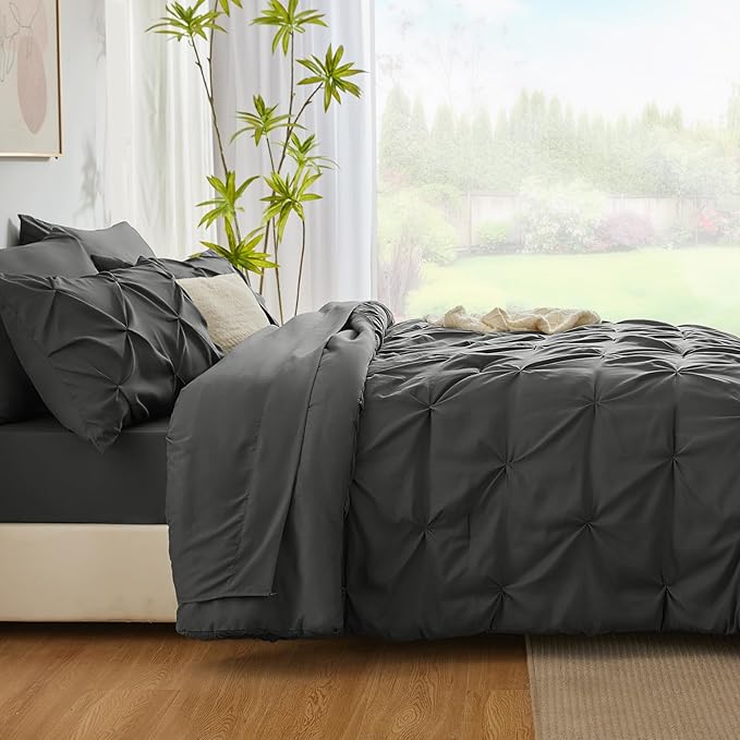 CozyLux California King Comforter Set Dark Grey - 7 Pieces Cal King Pintuck Bed in A Bag Gift for Family, Pinch Pleat Bedding Sets with All Season Comforter, Sheets, Pillowcases & Shams