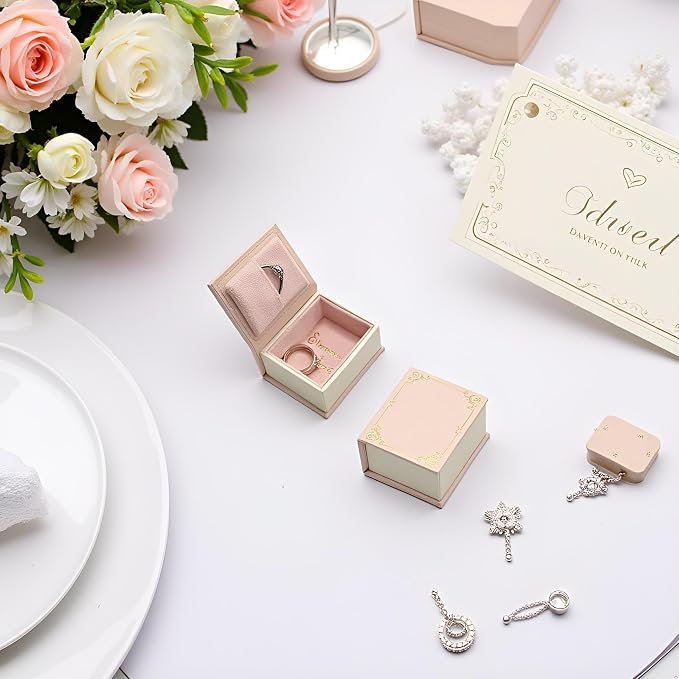 Book Shaped Ring Box - Vintage Engagement Ring Box with Hinged Lid for Proposal Engagement Wedding, Proposal Ring Case -PRB016-Pink - Image 5