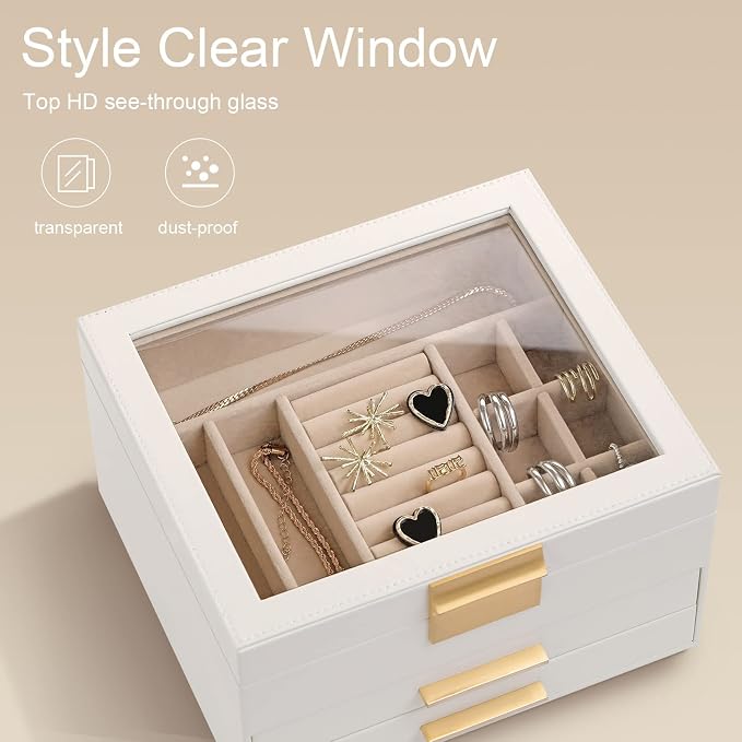 Somduy Jewelry Box Organizer for Women,3 Layers Jewelry Storage Display Box with Glass Lid,Gift for Christmas,3 Drawers,Large Capacity for Necklace Earrings Bracelets Rings,White - Image 4