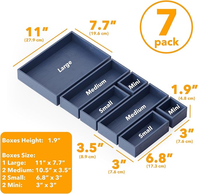 SpaceAid 7-Piece Bamboo Drawer Organizer Storage Boxes Set, Wood Tray Junk Drawer Organizers Multi-Use Divider Bins for Kitchen, Bathroom, Office Desk and Makeup Organization (7 Pack, Navy Blue) - Image 3
