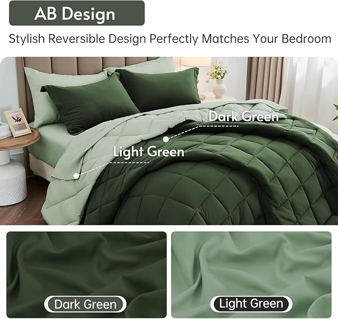 MUXHOMO 5 Pieces Twin XL Comforter Set, Reversible Bed in a Bag Twin XL Size, All Season Bedding Set with Comforter, Flat Sheet, Fitted Sheet, Pillowcases & Shams, Dark Green & Light Green