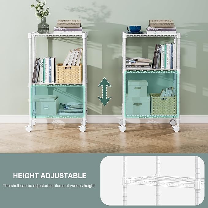 M MZG 3 Tier Shelf Metal Storage Shelves Wire Rack Closet Organizers with Wheel for Garage Kitchen Bathroom Laundry White 11.8" D x 17.7" W x 29.8" H - Image 6