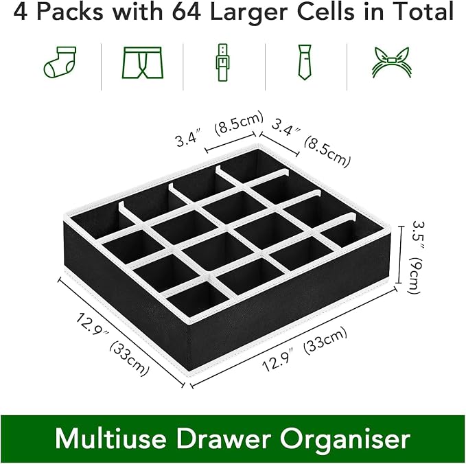 Joyoldelf Sock Drawer Organizer Divider Underwear Organizer 16-cell Fabric Dresser Drawer Organizers Storage Boxes for Socks Lingerie, Handkerchiefs, Ties 4 Pack (Black) - Image 2