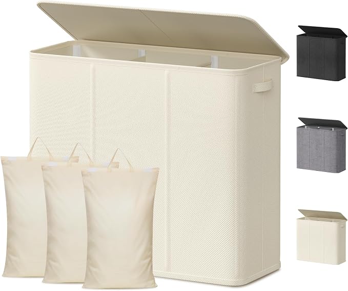 Lifewit Triple Laundry Hamper with Lid and Removable Laundry Bags, Large Collapsible 3 Dividers Dirty Clothes Basket with Handles for Bedroom, Laundry Room, Closet, Bathroom, College, 180L White by Lifewit