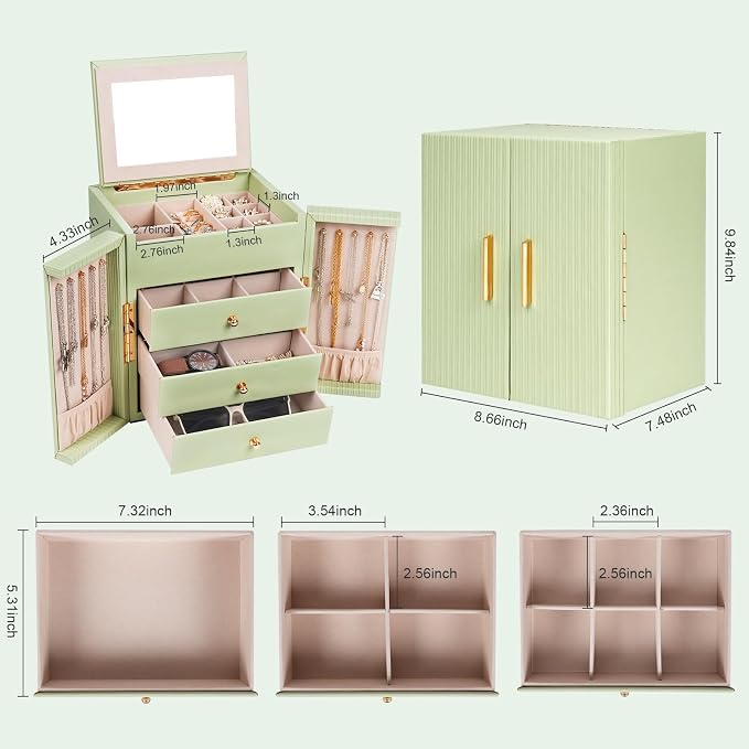 Dajasan Large Jewelry Box Organizer, Jewelry Storage Organizer with 3 Drawers, Huge Jewelry Box with Mirror for Women Girls, Double Door, Textured PU Leather, Gift Idea, Stylish (Green + Gold) - Image 2