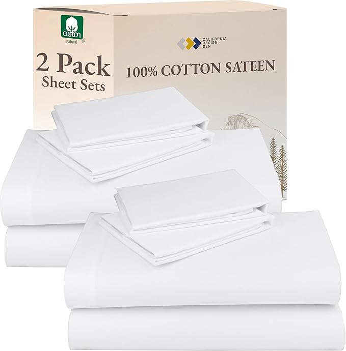 California Design Den 100% Cotton 2-Pack Full Sheet Set - Soft & Durable Sateen, Deep Pocket Full Size Bed Sheets (White)