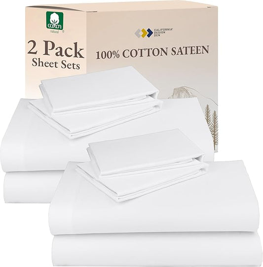 California Design Den 100% Cotton 2-Pack Full Sheet Set - Soft & Durable Sateen, Deep Pocket Full Size Bed Sheets (White)