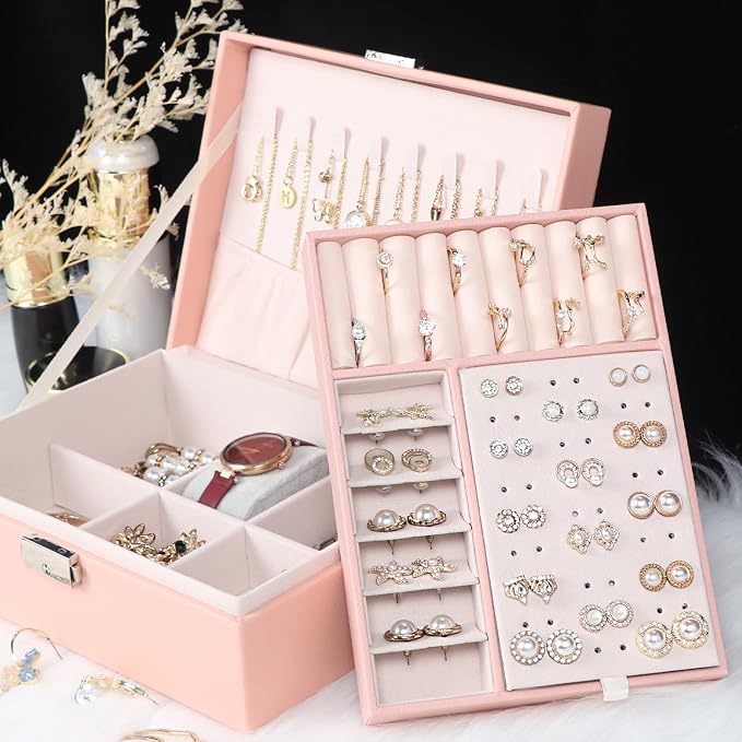 Jewelry Box for Women Girls, 2 Layers Jewelry Organizer Container with Lock, PU Leather Storage Case with Removable Tray, Jewelry Display Box for Necklaces Earrings Bracelets Rings Watches (Pink) - Image 6