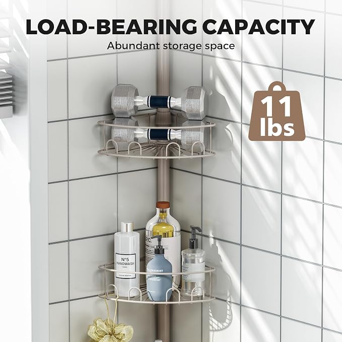 Urackify Corner Shower Caddy Tension Pole, 4 Tier Adjustable Bathroom Organizer Shelves, Shower Storage With Hidden Hook & Towel Holder,63.7-119 Inch No-Drill Quick Installation Shower Rack,Sliver - Image 7