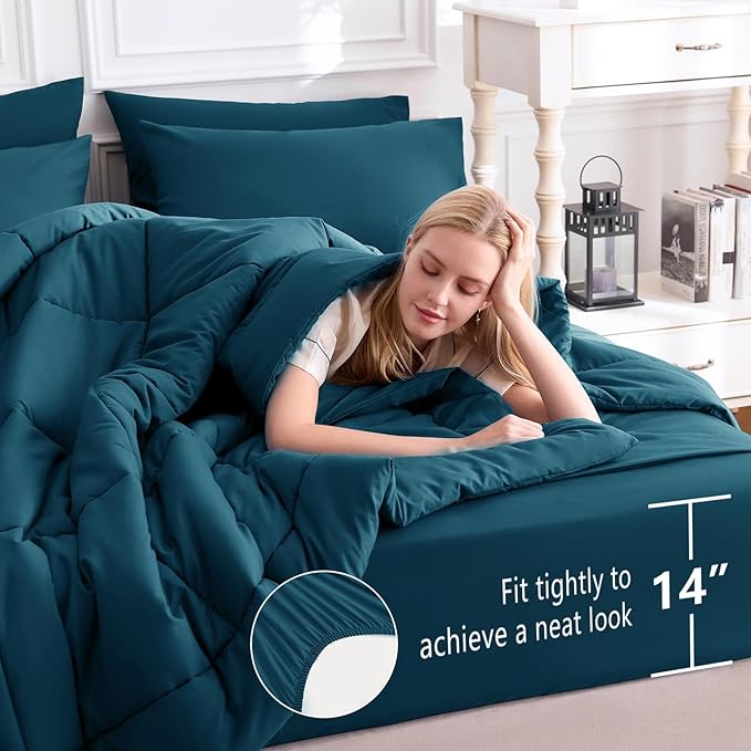 CozyLux Full Size Comforter Set Lyons Blue, 7 Pieces Bed in a Bag, Blue Comforter Full Size, All Season Bedding Sets with Stitch Quilted Comforter, Flat Sheet, Fitted Sheet, Pillowcases