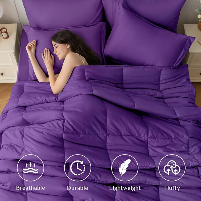 JOLLYVOGUE King Comforter Set, Ultra-Soft Bed in a Bag King Size 7 Pieces, Oeko-TEX Certified Bedding Set with Down Alternative Comforter, Sheets, Pillowcases & Shams, Purple