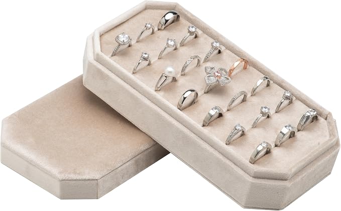 Velvet Ring Organizer Display Tray Jewelry Box Earring Holder Case for Wedding Birthday Christmas Day (Beige) by COWFEX