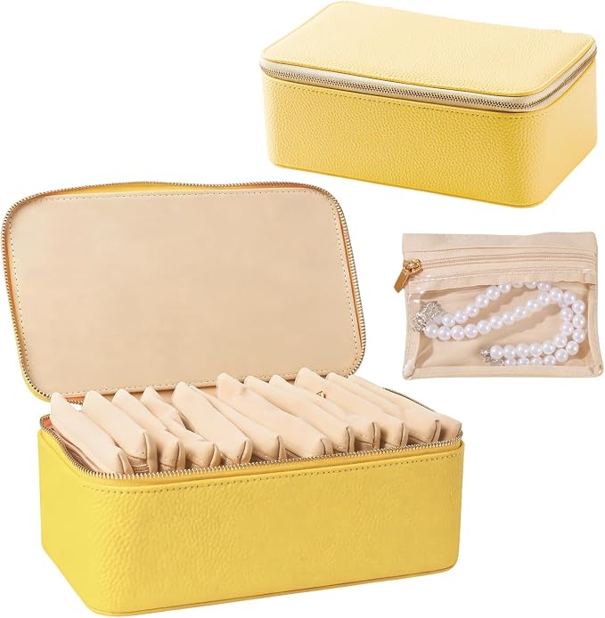 Travel Jewelry Organizer, Travel Jewelry Box with 12 Velvet Zipped Pouches Bags for Jewelries Necklaces Rings Earrings Sorting Storage for Women Girl Gifts, Butter Yellow by Yaliang