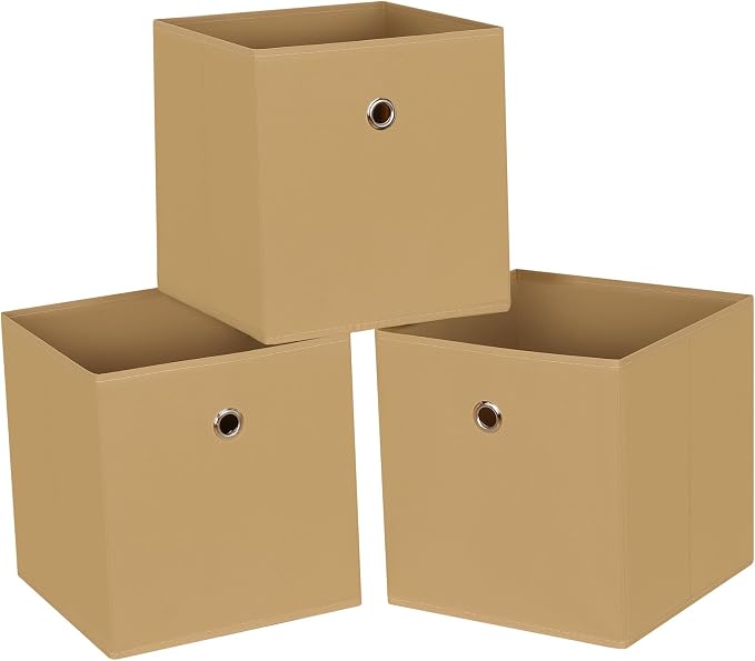 Foldable Storage Cubes Bins ,11 Inch Cloth Storage Cube Fabric Storage Box Cubes Organizer Baskets with Dual Handles for Home Organizer Set of 3 (Khaki) by NieEnjoy