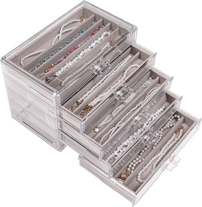 5 Drawerss Necklace Organizer Box, Tray with Clear Lid, Dustproof Velvet Necklaces Holder Storage Display Case, Gery Necklace Tray Drawer Insert for Pendant Suitable for Women and Girls (25 grids) by CLUQMEIK