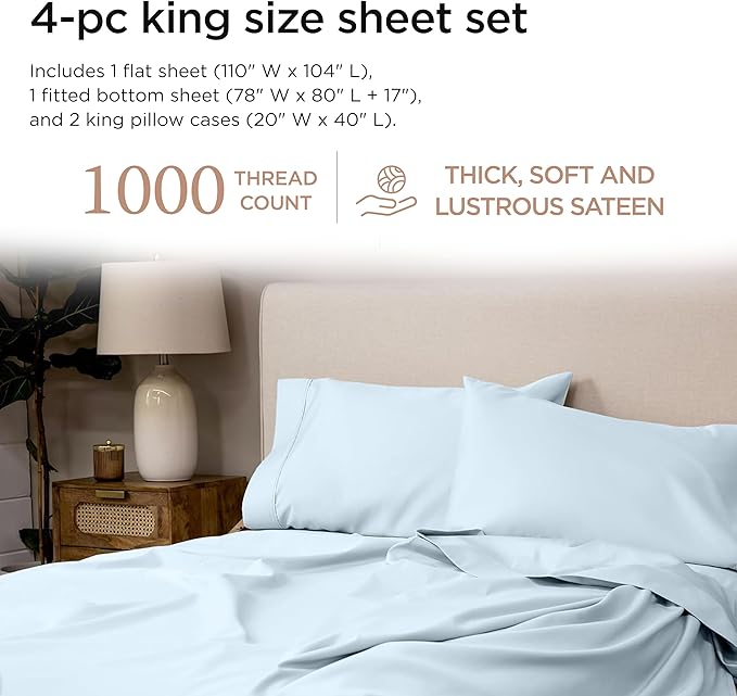 Threadmill Supima King Size Sheets, 1000 Thread Count, 4 Piece American Luxury Bed Sheets for King Mattress, 5 Star Hotel Quality Cotton Sheets with Elasticized Extra Deep Pocket, Light Blue