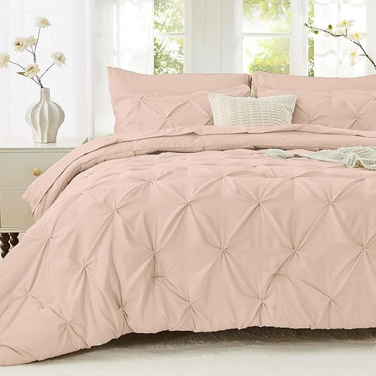 Sasttie California King Comforter Set, 7-Piece Bed in a Bag, Pintuck Bedding Sets for All Season, Includes Comforter, Flat Sheet, Fitted Sheet, Pillowcases and Pillowshams, Blush Pink