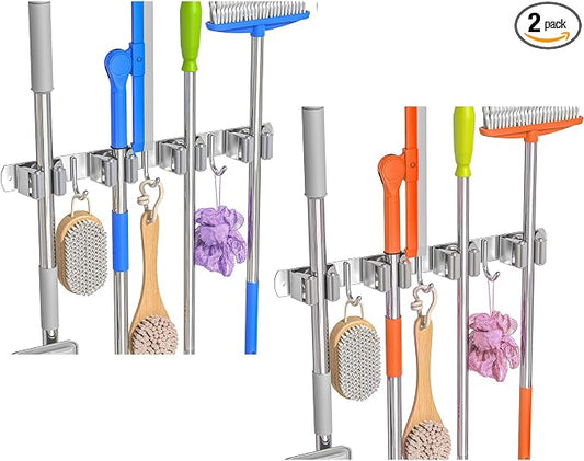 2 Pack Broom Mop Holder Wall Mount, Broom Organizer Mop Hanger Storage Tool Utility Racks Stainless Steel Mop Holder Solid for Home Kitchen Garden Laundry Garage (2, 4 Racks 3 Hooks) by Unknown