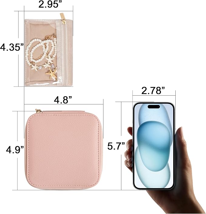 Frebeauty Small Travel Jewelry Box,Travel Jewelry Case with 6 Pouch Bags,Portable Travel Jewelry Organizer,Mini Jewelry Storage,3.35 x 4.9 x 4.8 Inches,Gift Idea for Women Girls(Pink) - Image 4