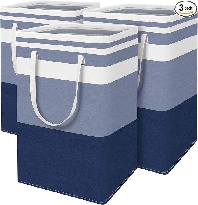 BlissTotes 3-Pack Laundry Basket, Freestanding＆Waterproof Laundry Hamper, Collapsible Tall Clothes Hamper with Easy Carry Handles for Clothes, Towels in the Family and Dorm,Gradient Blue,75L by BlissTotes
