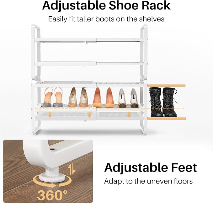 SNTD Shoe Rack - Expandable Shoe Organizer for Closet, Adjustable Metal Shoe Shelf Storage, Stackable Long Shoe Stand Holder for Garage, Entryway, Door Entrance (White, 4-Tier) - Image 7