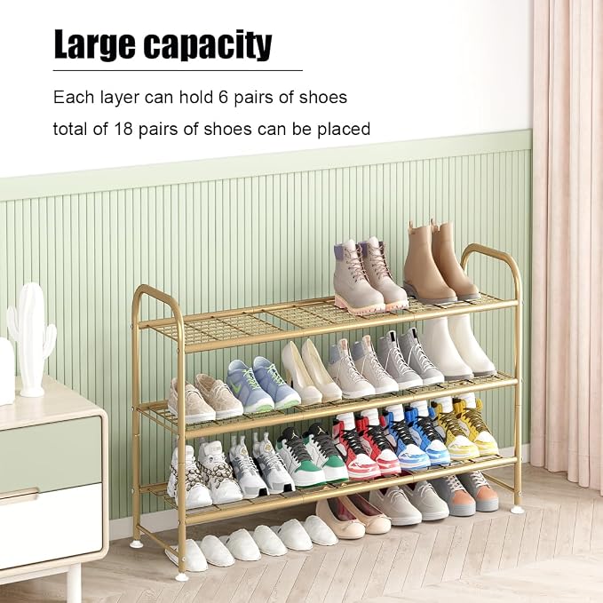 LINZINAR Shoe Rack Long 3 Tier Shoe Storage Organizer Metal Wide Shoe Shelf for Closet Entryway Bedroom 24 Paris Large Capacity, Gold - Image 3