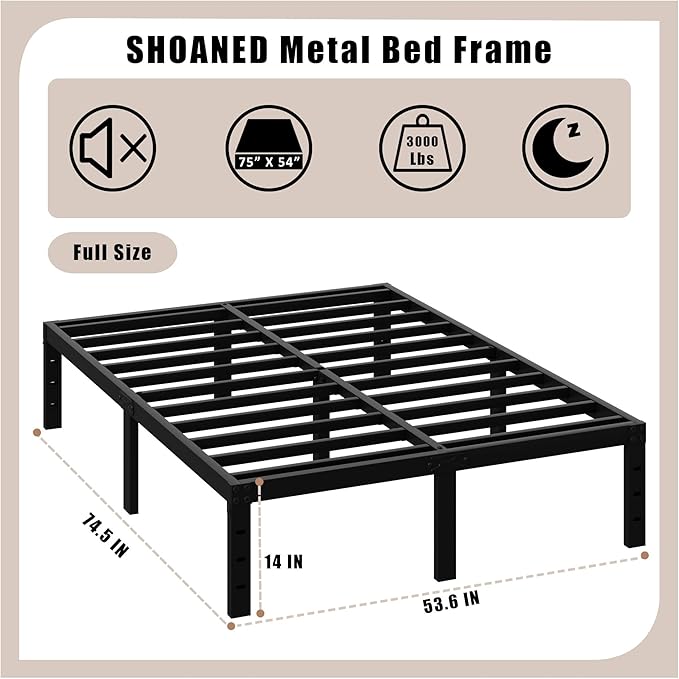 SHOANED Full Metal Bed Frame - 14 Inch Tall Heavy Duty Bedframe Black Basic Steel Slats Platform No Box Spring Needed/Easy Assembly/Noise Free